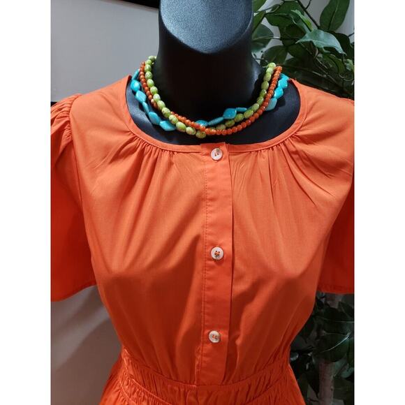 STACCATO Women's Orange Pleated Button Front Short Sleeve Long Maxi Dress Medium - Picture 3 of 16